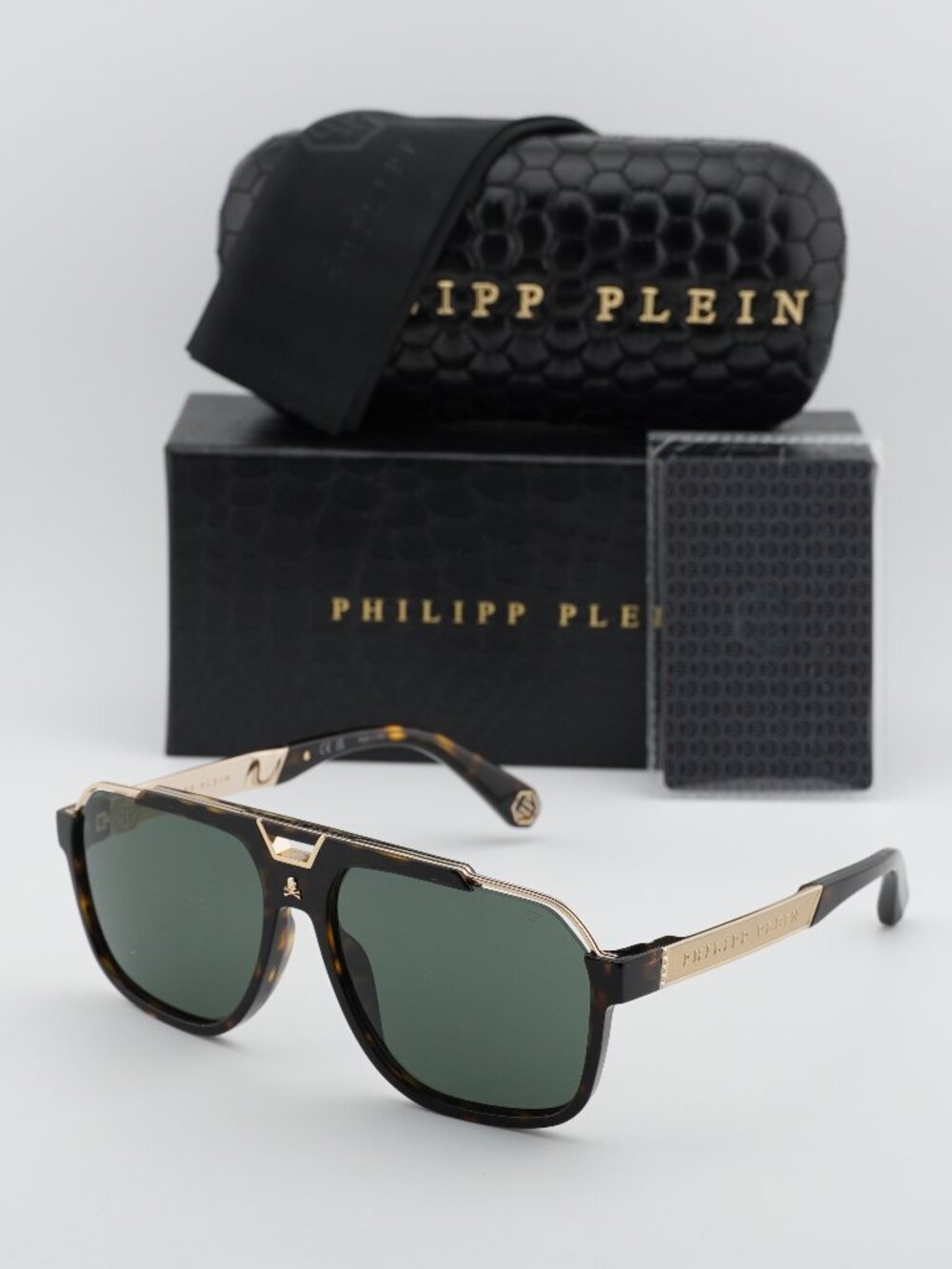 Philipp Plein SPP046V 0722 Aviator Sunglasses - Havana / Green